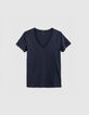 Marine T-Shirt Damen V-Ausschnitt mit Fischgr&auml;ten-Stickerei-4