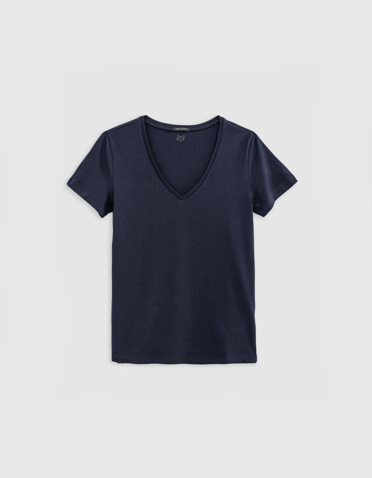 Marine T-Shirt Damen V-Ausschnitt mit Fischgr&auml;ten-Stickerei-4