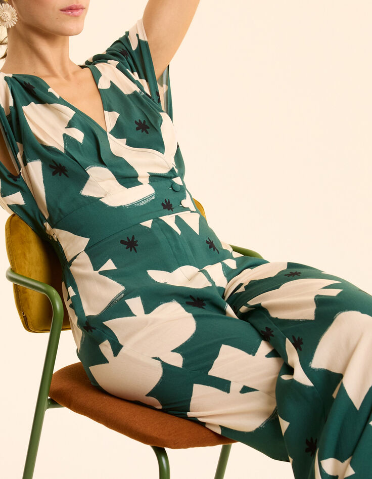 Combinaison-pantalon verte imprim&eacute; maxi oiseaux I.Code-2
