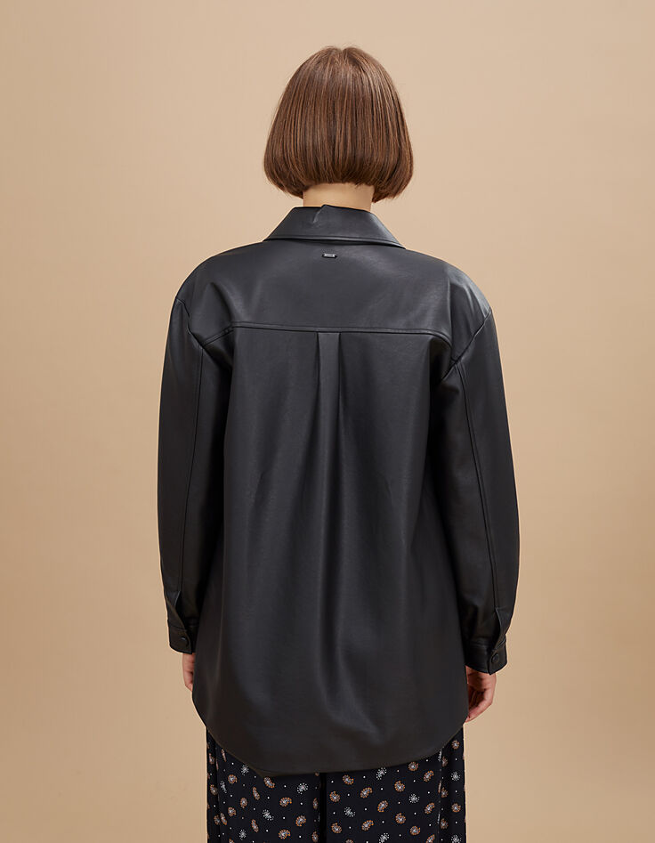 I.Code black faux leather overshirt with press studs-5