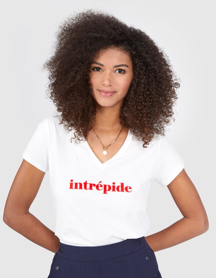 I.Code white V-neck T-shirt with red slogan - I.CODE