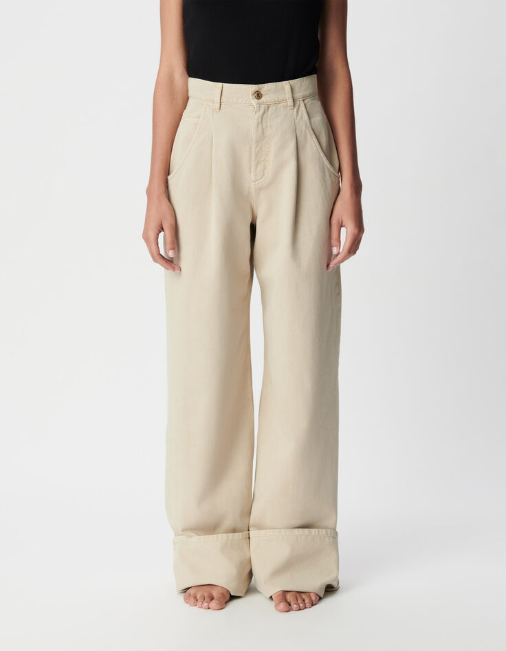 Beigefarbene Jeans mit hoher Taille und weitem Bein f&uuml;r Damen-3