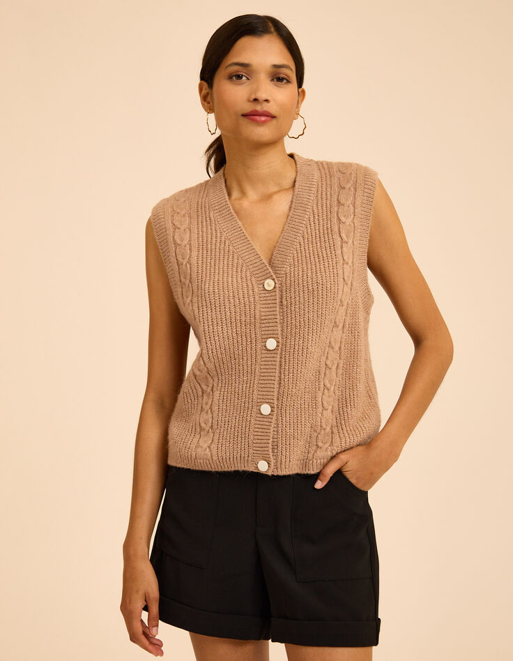 Ecru mouwloos vest details kabelbreiwerk I.Code-3