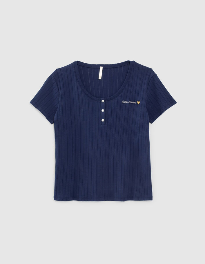 Indigo T-shirt pointelle-tricot geborduurde tekst I.Code - I.CODE