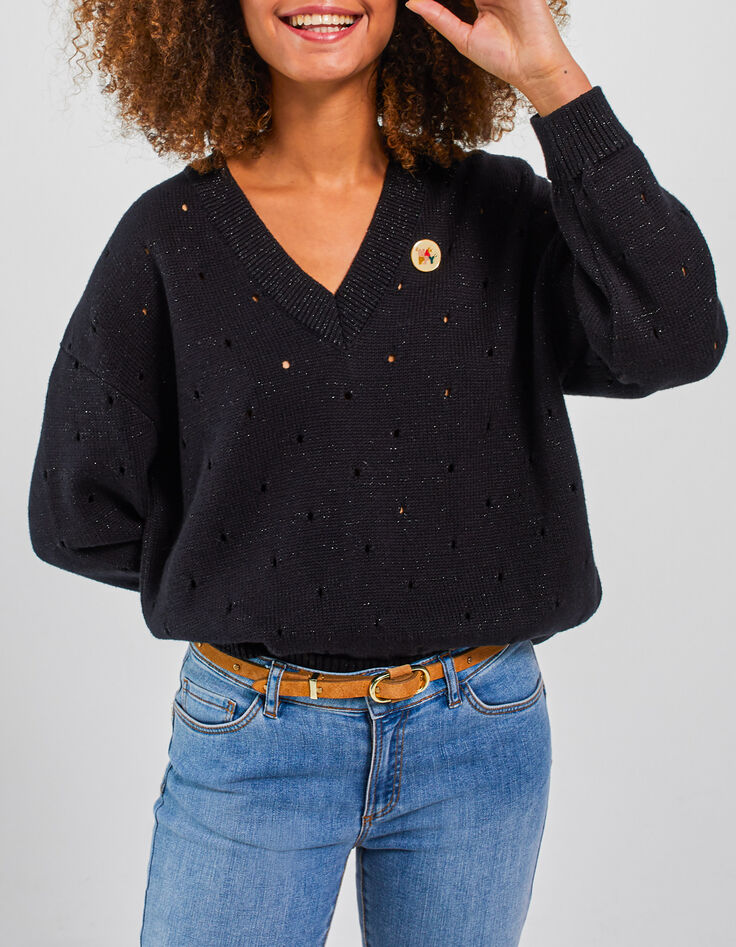 I.Code black openwork knit marl sweater-1