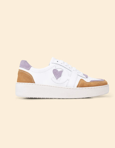 Baskets blanches cuir velours parme et camel I.Code
