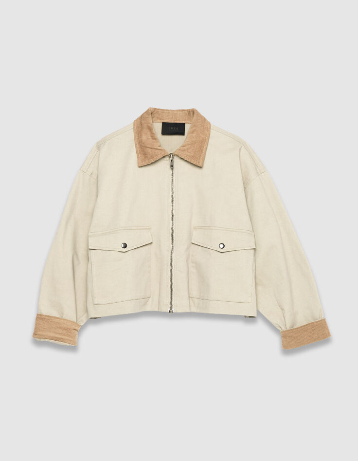 Beigefarbene Jacke in &Uuml;bergr&ouml;&szlig;e mit Samt-Details f&uuml;r Damen-6