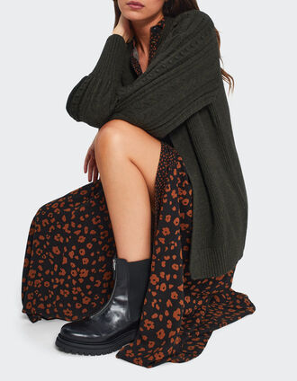 Cardigan mi-long kaki tricot manches fantaisie I.Code 