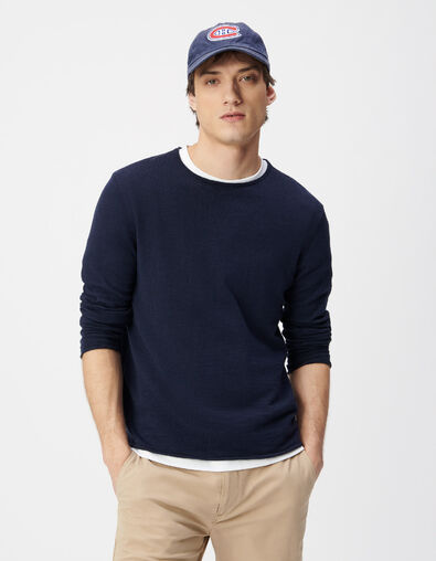 Marineblauer Feinstrick-Pullover f&uuml;r Herren mit Rollkanten - IKKS