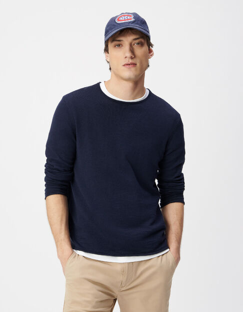 Marineblauer Feinstrick-Pullover f&uuml;r Herren mit Rollkanten - IKKS