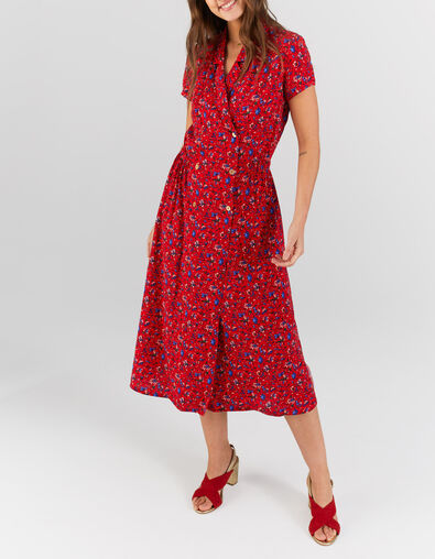 Kirschrotes Wickelkleid mit Sommerblumenprint I.Code  - I.CODE