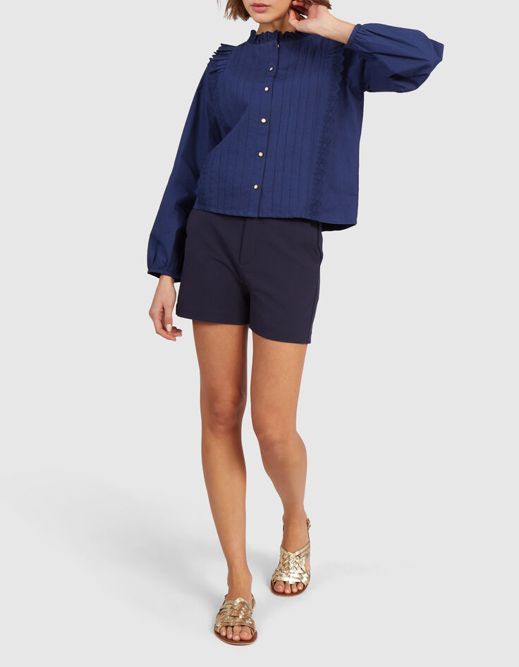Blusa &iacute;ndigo pliegues cosidos y bordados I.Code-4