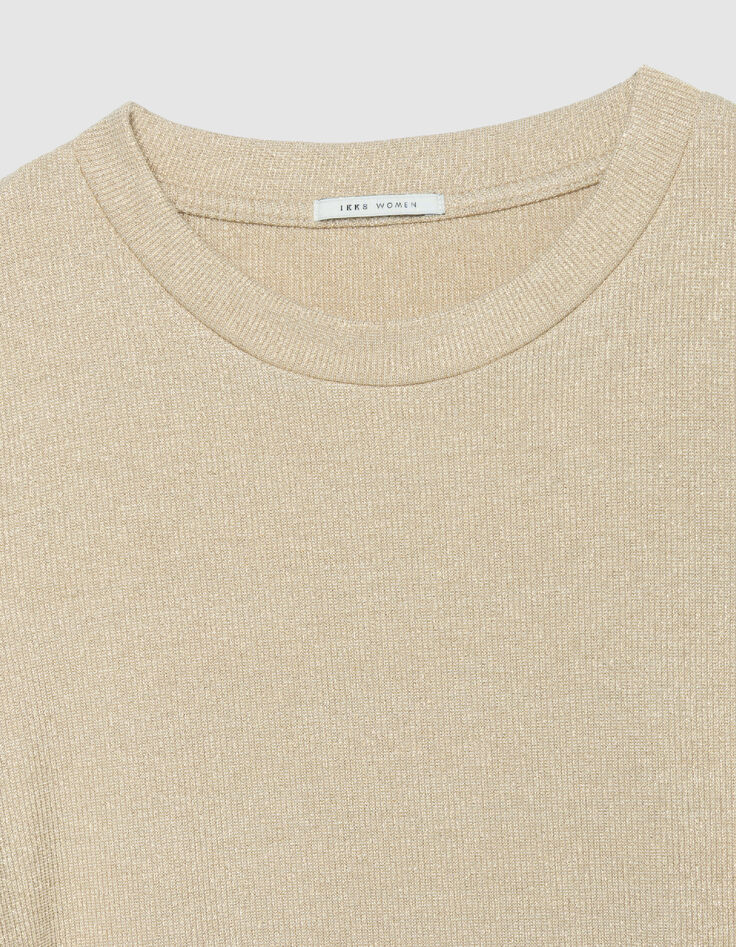 Goldfarbenes Damen-Pailletten-Rundhalsausschnitt-T-Shirt mit gerafften &Auml;rmeln-6