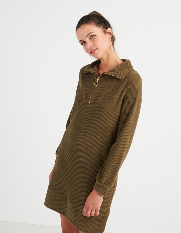 Robe kaki bio en panne de velours côtelée I.Code-1
