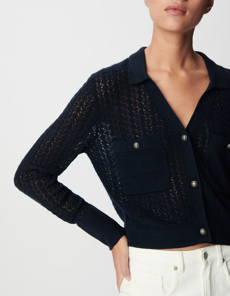 Marineblaue durchbrochene kurze STRICKJACKE f&uuml;r Damen-5