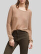 Sesamfarbener Damen-Strickpullover mit Lochmuster-1