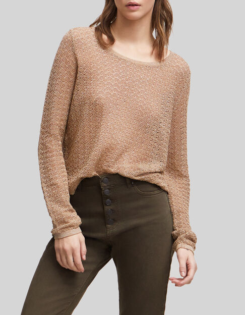 Sesamfarbener Damen-Strickpullover mit Lochmuster - IKKS