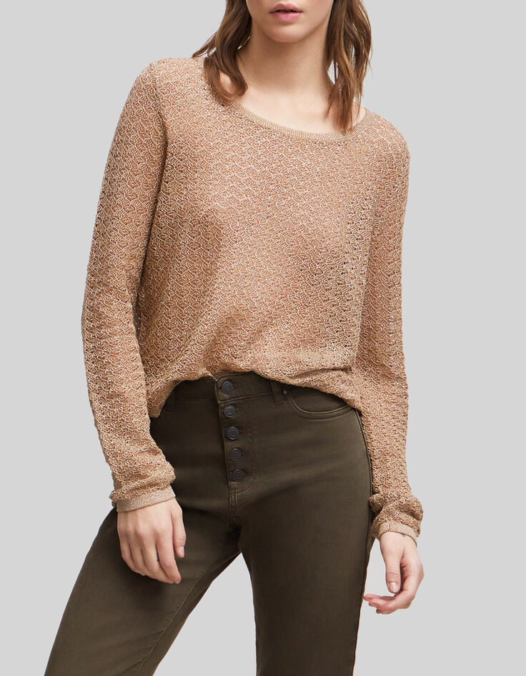 Sesamfarbener Damen-Strickpullover mit Lochmuster-1