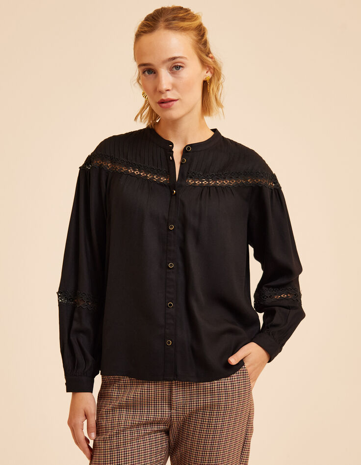 I.Code black blouse with stitched pleats and lace bands-3