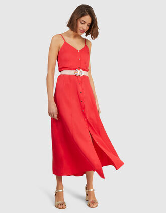 Lange koraalrode jurk met smalle schouderbandjes I.Code