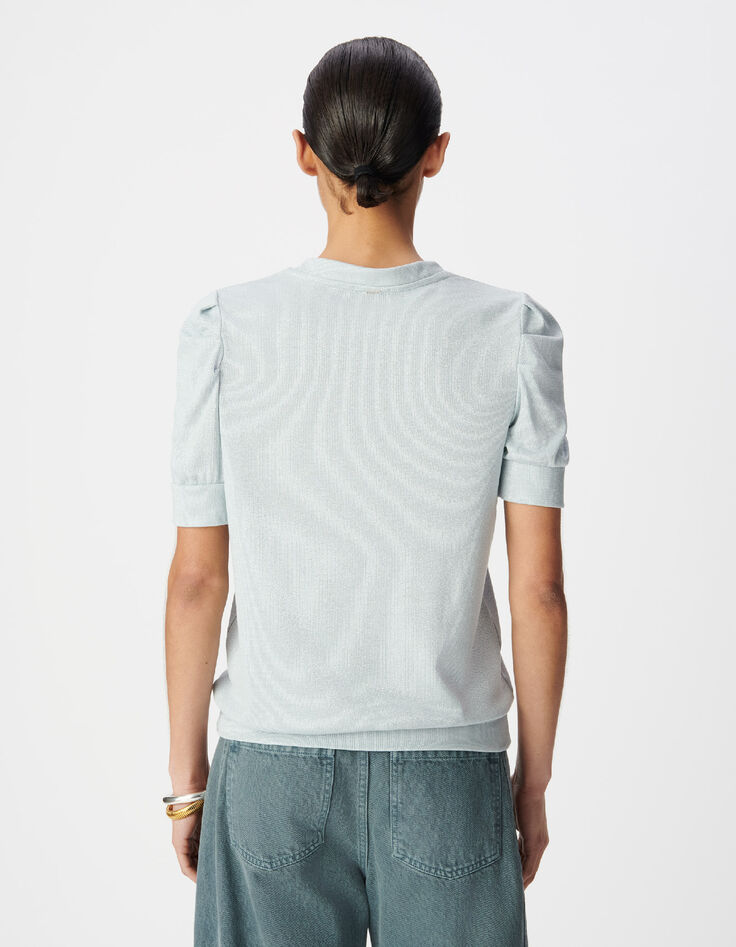 Blaues Pailletten-Rundhalsausschnitt-T-Shirt f&uuml;r Damen mit gerafften &Auml;rmeln-3