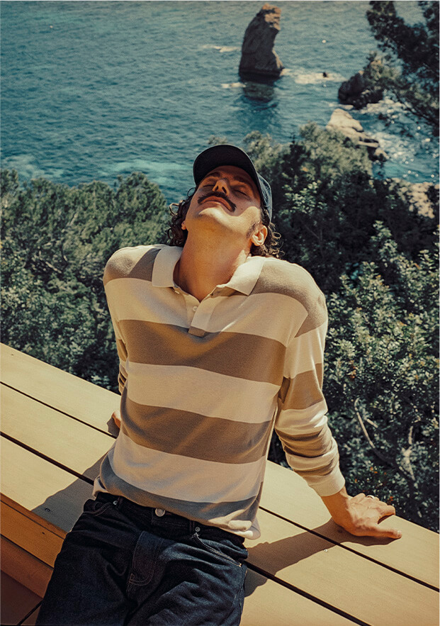 Langarm-Poloshirt, beige, breit gestreift