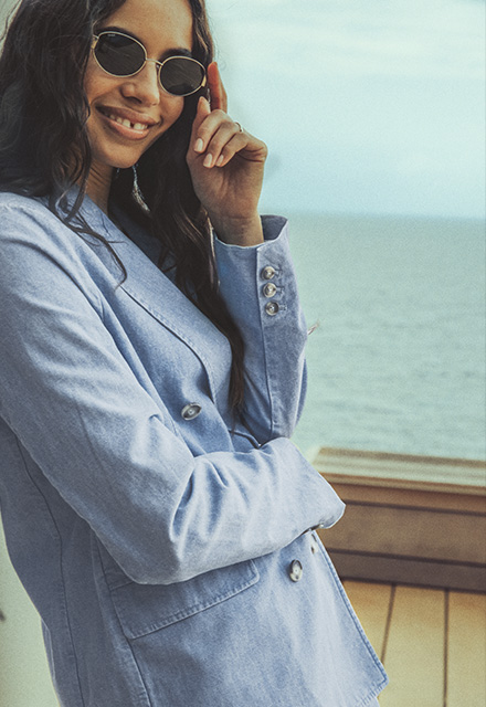 Blaue Zweireiher-Anzugjacke für Damen aus Chambray